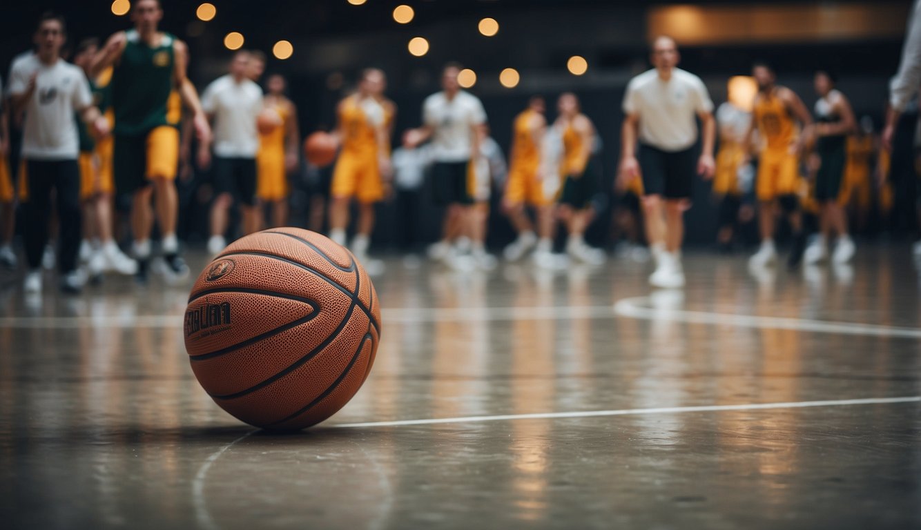 A basketball bouncing on a concrete court, surrounded by players in motion, with a hoop in the background