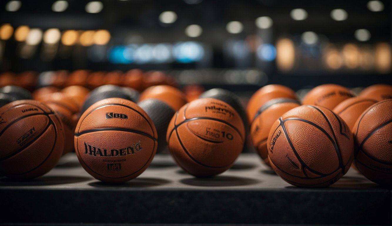 A basketball being selected from a display of various balls, with a focus on its durable rubber exterior suited for concrete surfaces