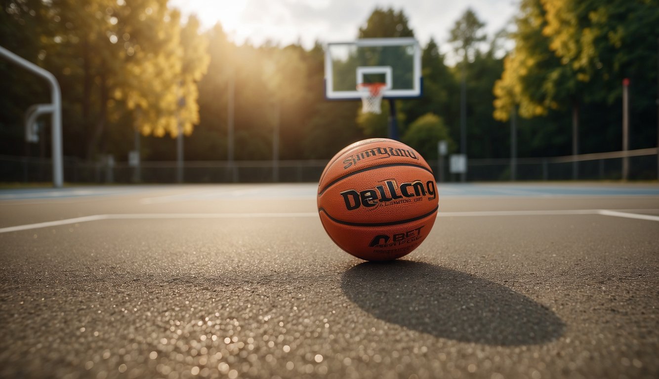 A basketball bouncing on a concrete court, surrounded by a backdrop of outdoor scenery. The ball is textured with a durable grip and the words "Best Outdoor Basketball" are prominently displayed on its surface