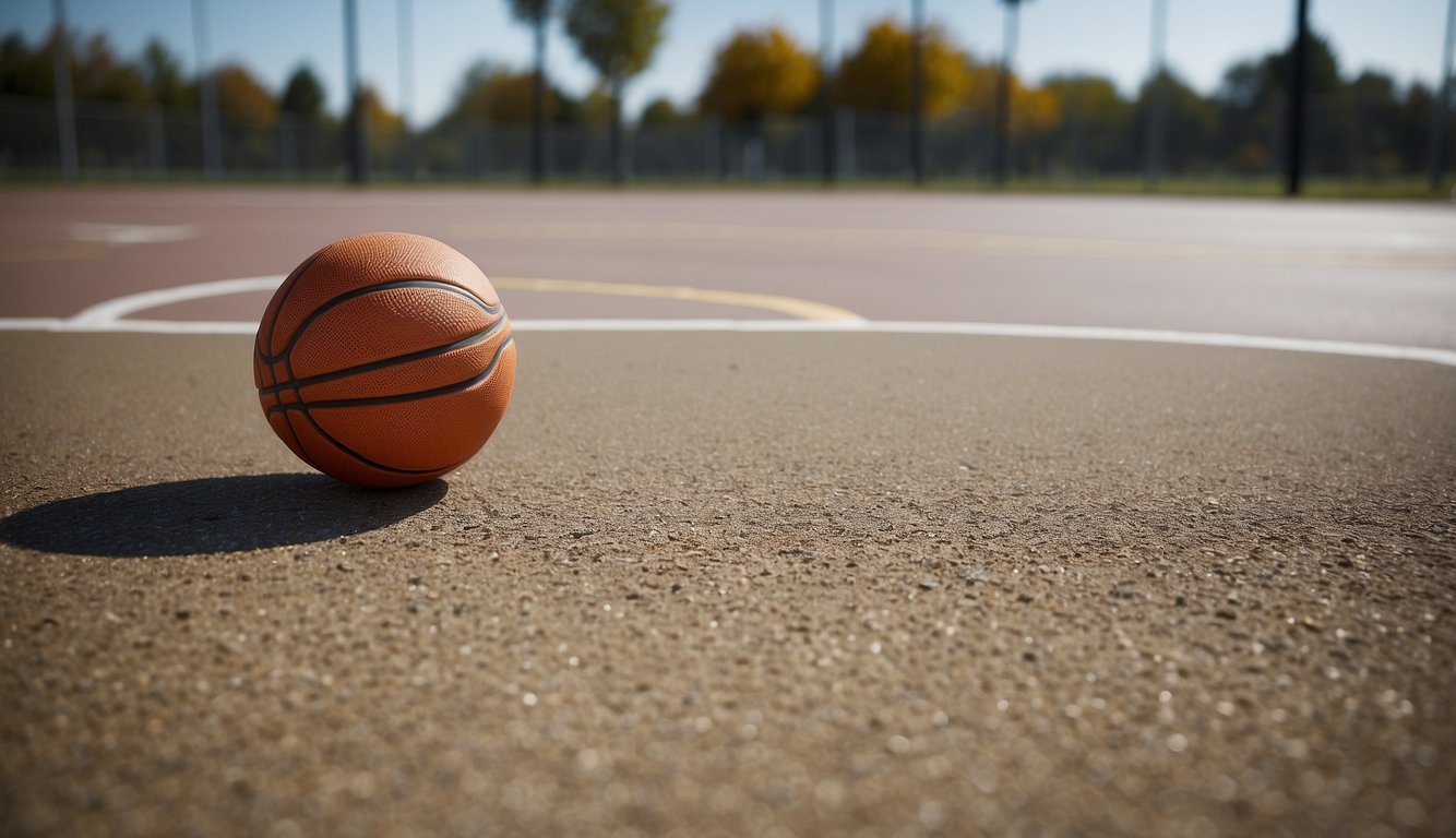 A basketball court with a concrete surface, featuring a hoop, backboard, and a durable basketball suitable for concrete play