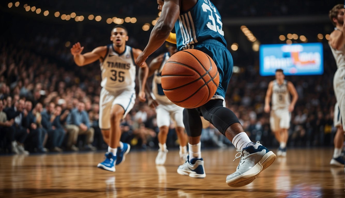 A basketball bouncing on a court, surrounded by players in motion, with a backdrop of cheering fans and the sound of sneakers squeaking