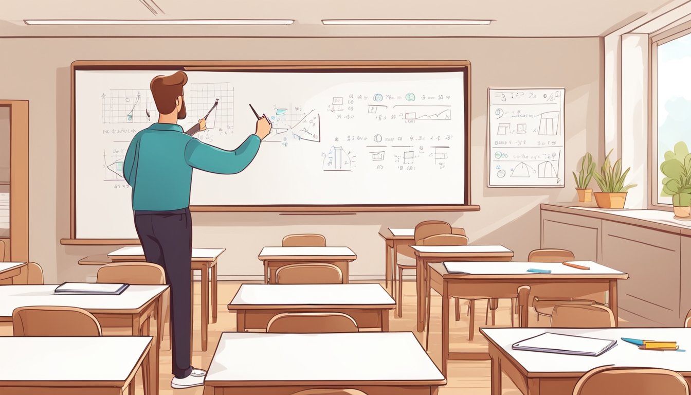 A tutor explains math concepts on a whiteboard in a bright classroom. Tables and chairs are neatly arranged, and educational materials are visible