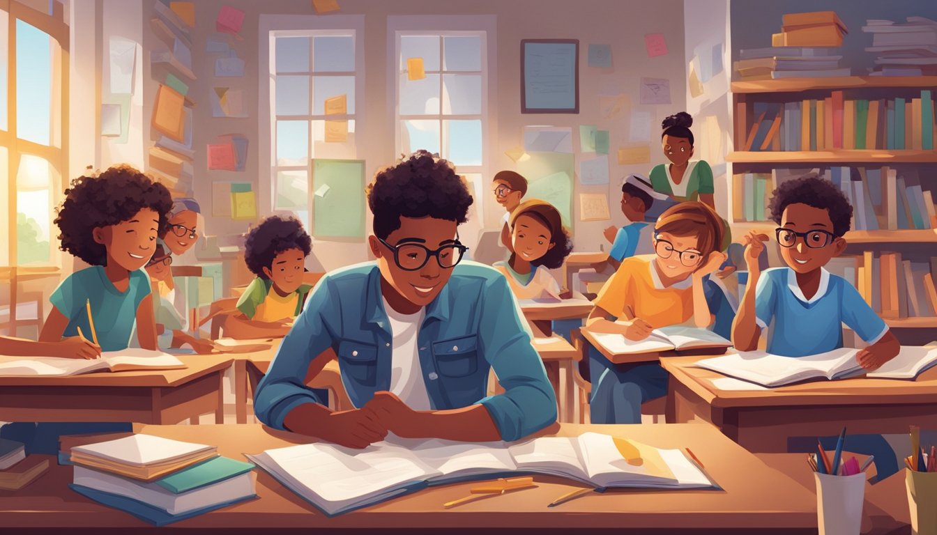 A group of students eagerly engage in a math tuition session, surrounded by books, calculators, and colorful learning materials. The atmosphere is filled with excitement and determination as they work together to conquer challenging math problems