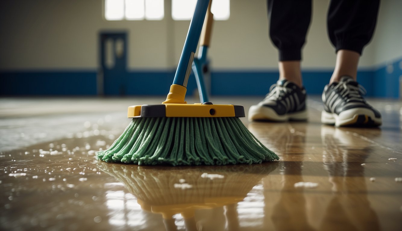 A person sweeps debris off the basketball court with a broom. They then use a mop and soapy water to scrub the surface clean