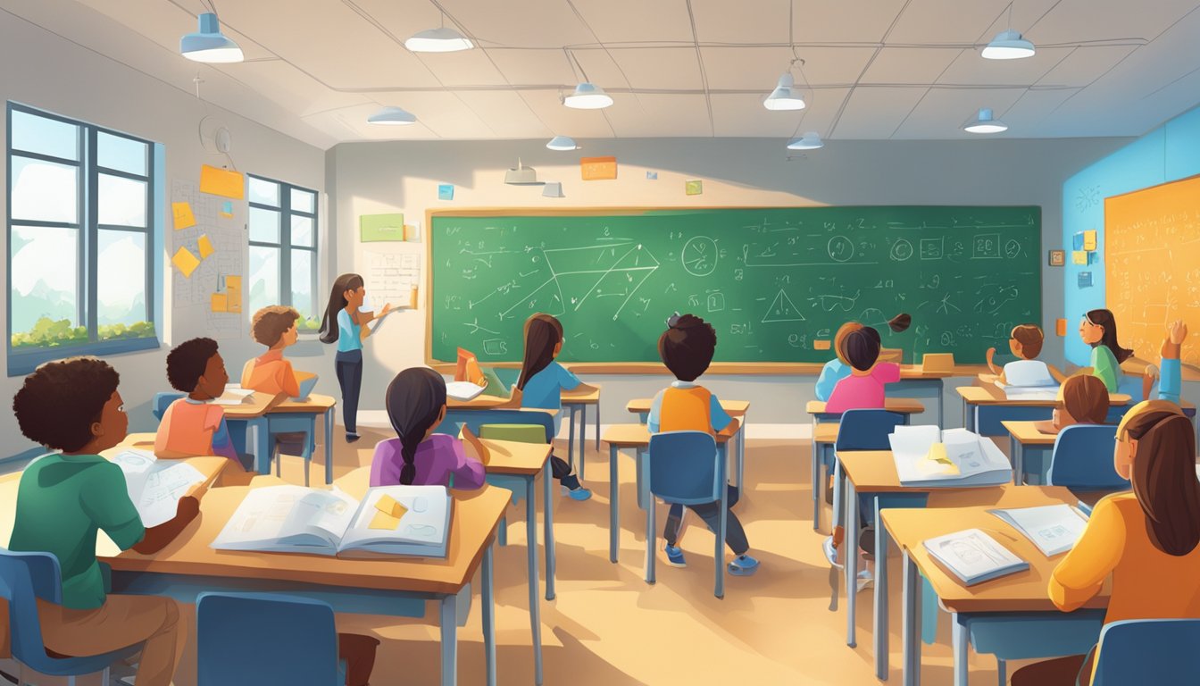 A classroom filled with vibrant mathematical symbols and equations covering the walls, with students engaged in problem-solving activities at their desks