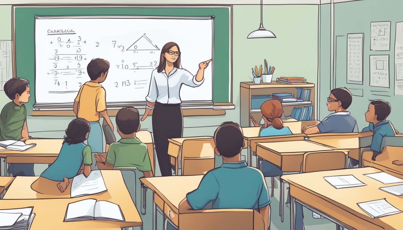 A teacher pointing to a whiteboard with math problems while students listen attentively in a classroom setting