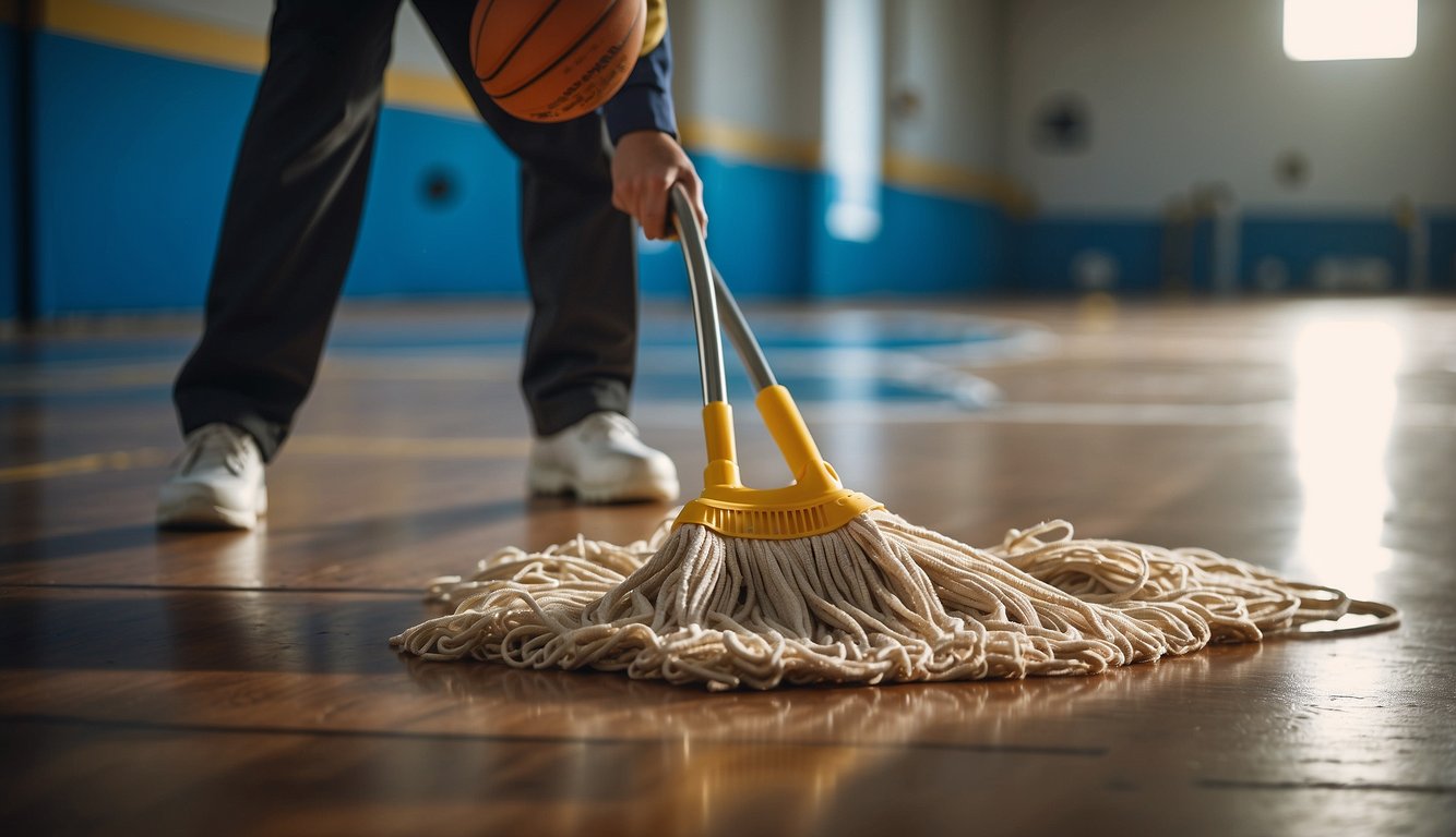 A person in protective gear mopping a basketball court with disinfectant, scrubbing and wiping down surfaces thoroughly