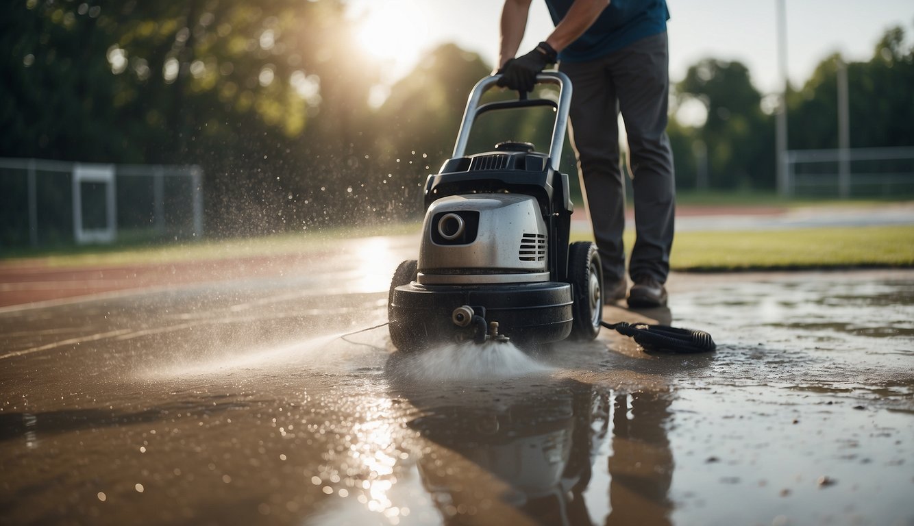 A person using a pressure washer to clean a basketball court. The surface is being repaired and resurfaced, with water and debris being removed