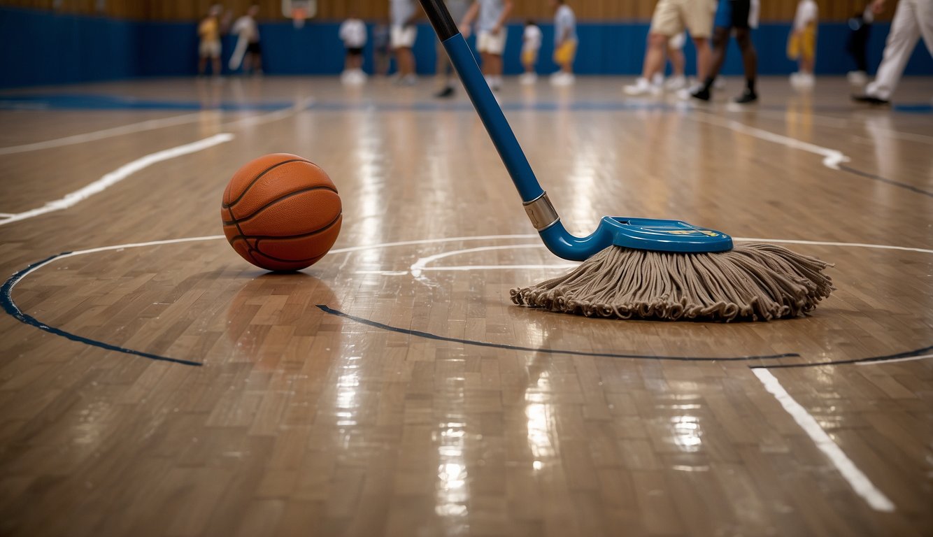 A person sweeps and mops the basketball court, removing debris and dirt. They carefully clean the lines and markings, ensuring the surface is spotless and ready for play