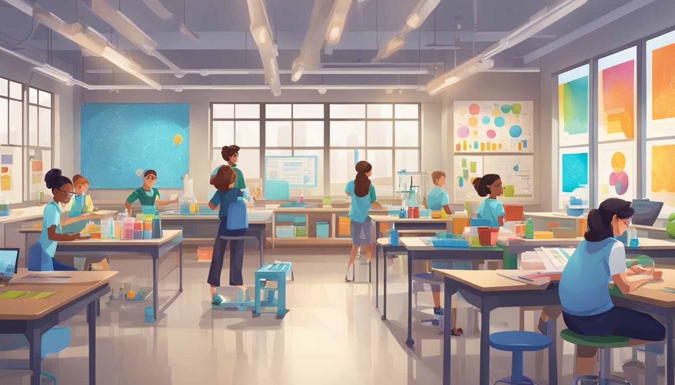 A bright and modern classroom at The Pique Lab, with colorful science posters on the walls, lab equipment neatly arranged, and students engaged in hands-on experiments