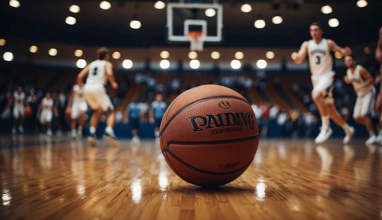 A basketball bouncing on a court, players running back and forth, dribbling, and shooting