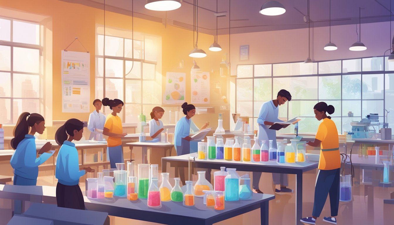 A brightly lit science lab with colorful posters and educational materials. Students engaged in hands-on experiments and asking questions