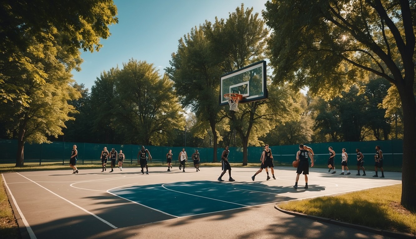 A basketball court with players in motion, dribbling and shooting, surrounded by green trees and a blue sky