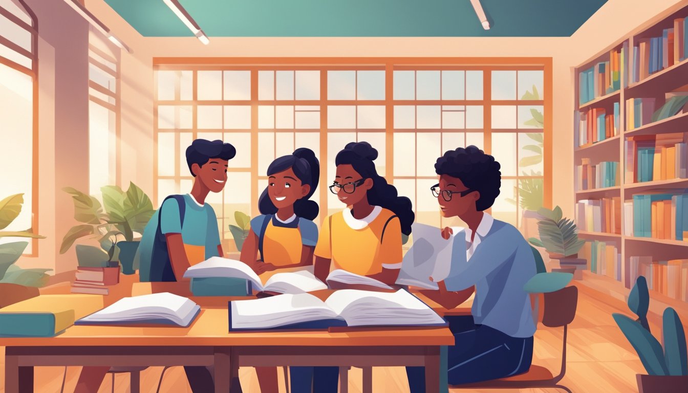 A group of students eagerly engage with a tutor, surrounded by books and educational materials in a bright and inviting classroom setting