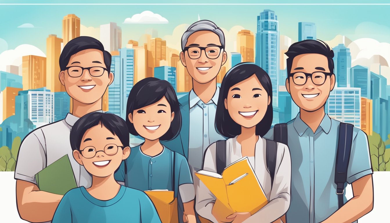 A group of smiling Singaporean parents confidently choose Trust Tuition, surrounded by a backdrop of modern cityscape and educational symbols
