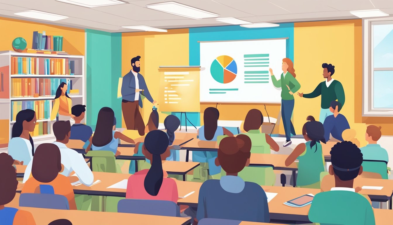 A colorful "Frequently Asked Questions" banner hangs above a group of students eagerly engaging with their tutor in a bright and modern classroom setting
