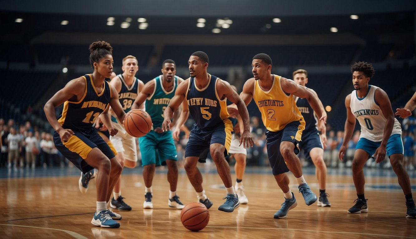 A diverse group plays basketball, showcasing different demographics. The scene depicts the aerobic nature of the sport, emphasizing health and fitness