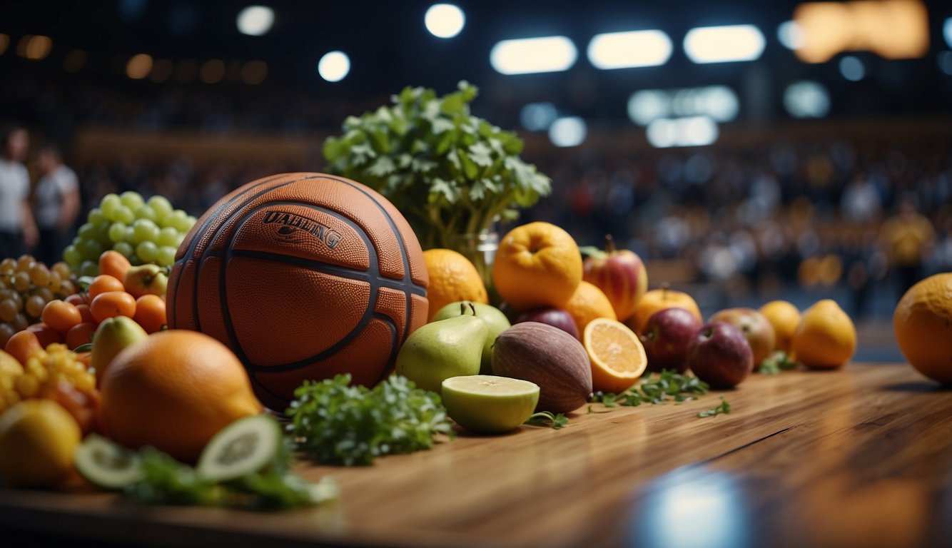 A basketball court with players in action, surrounded by healthy food choices like fruits, vegetables, and lean proteins