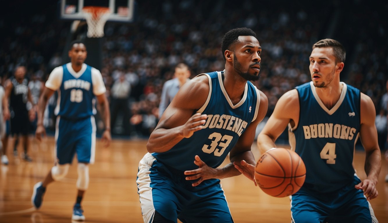 Basketball players dribbling, shooting, and passing on a court