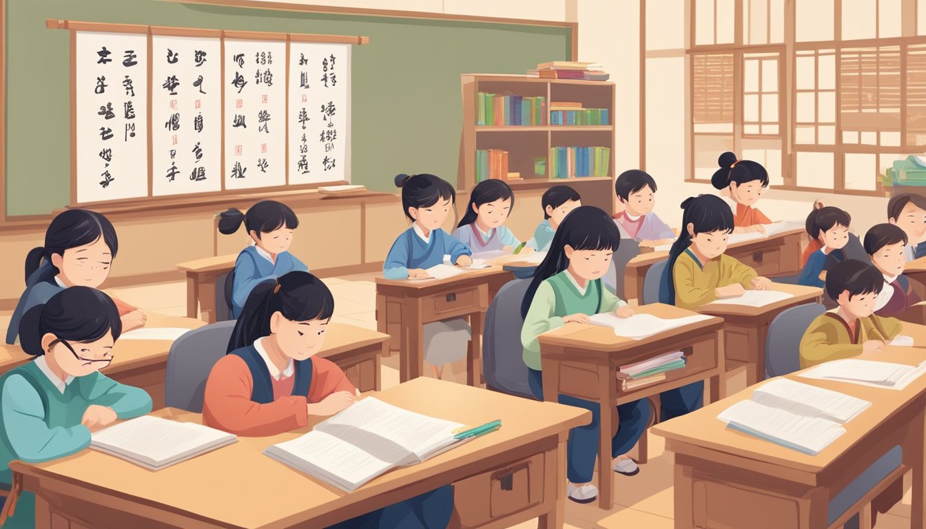 A group of students sit attentively in a classroom, learning Chinese bu xi. The teacher writes characters on the board, while books and papers are scattered on the desks