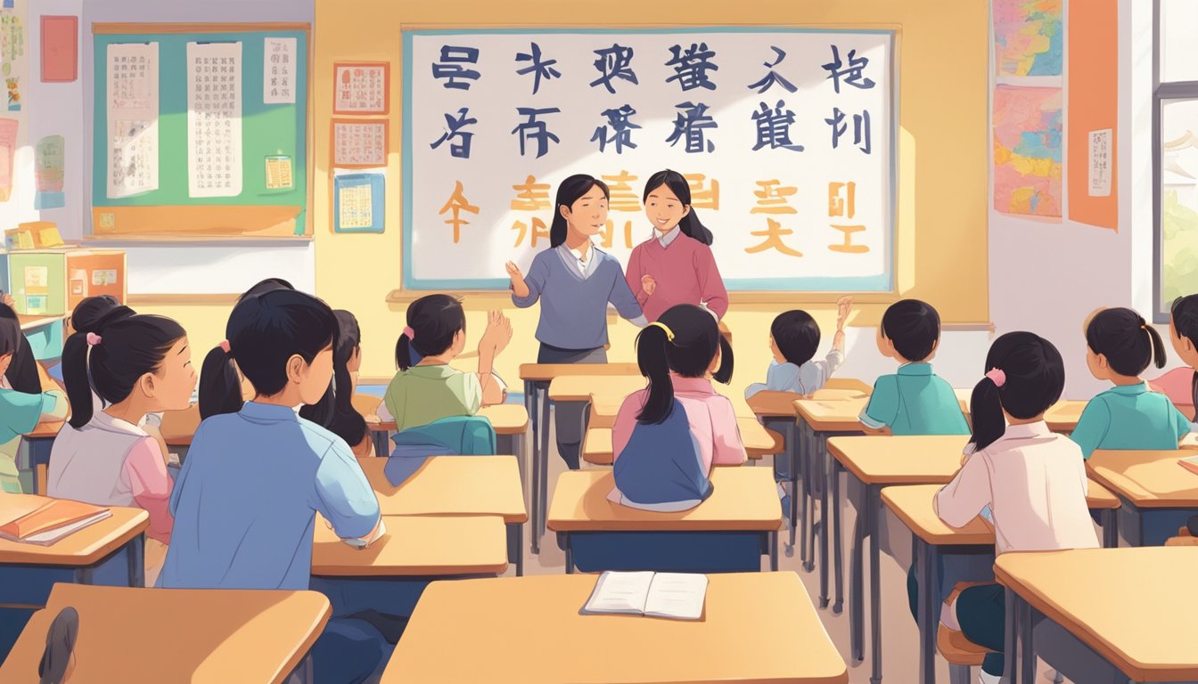 A group of students sit attentively in a brightly lit classroom, surrounded by colorful posters and Chinese characters. The teacher gestures animatedly as she explains the intricacies of the language