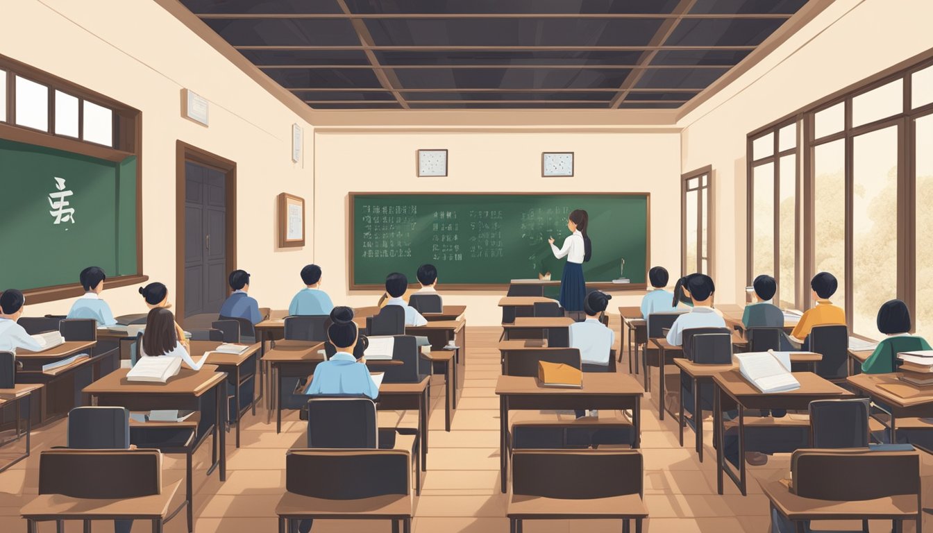 Students studying diligently in a classroom with Chinese characters on the chalkboard and textbooks open on the desks