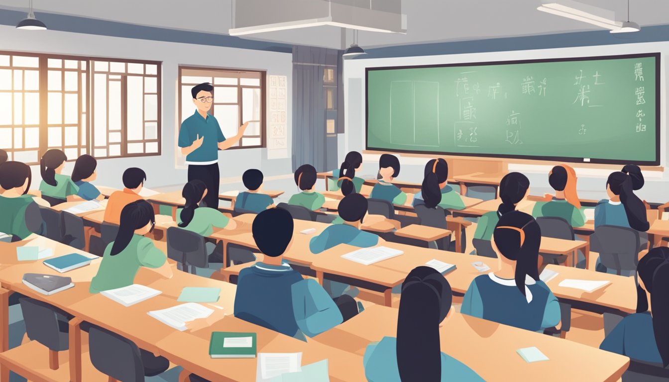A group of students sitting in a classroom, with a teacher at the front, discussing and answering frequently asked questions about Chinese tuition (bu xi)
