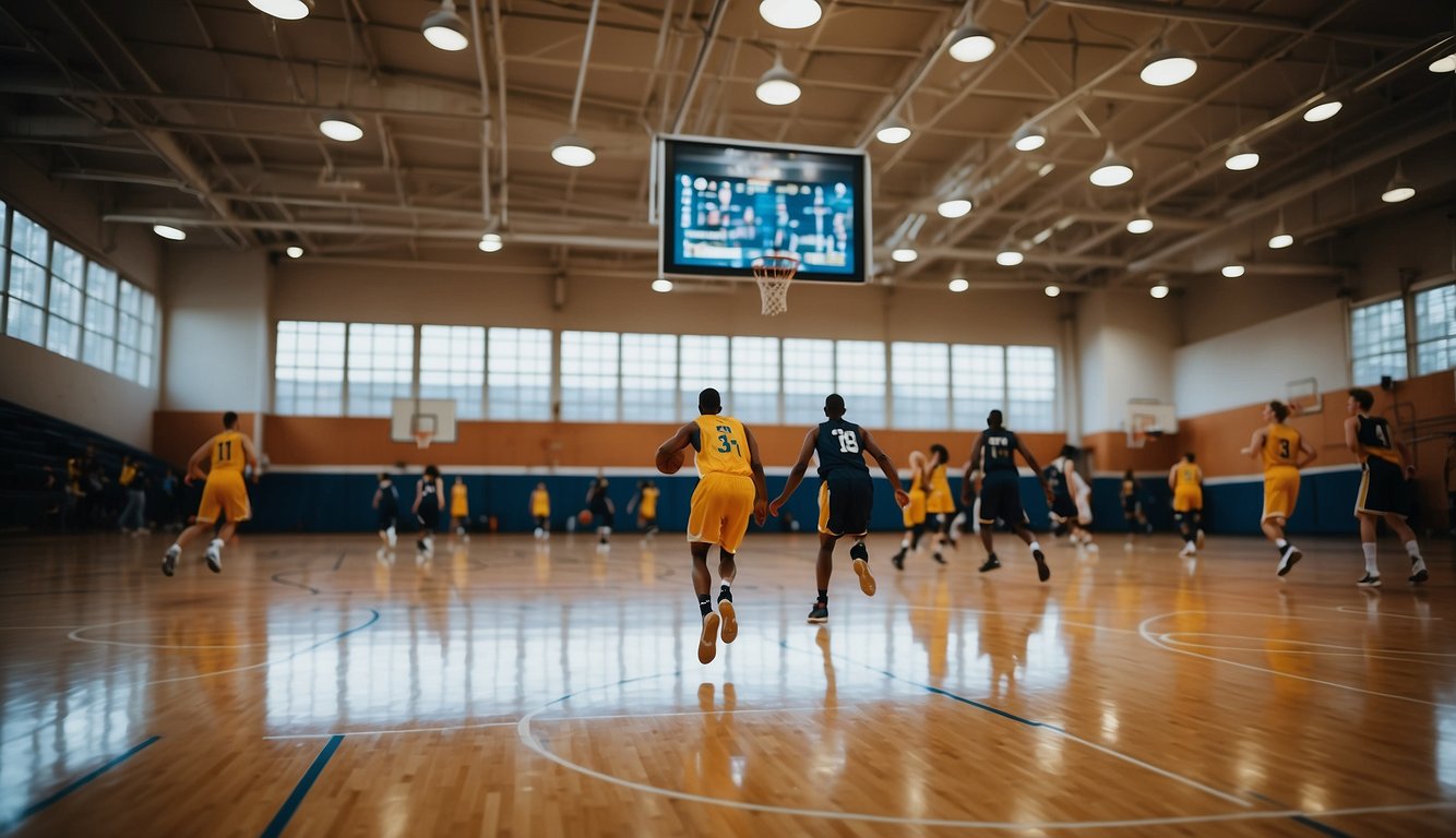 A basketball court with players running, jumping, and dribbling. Scoreboard and fitness equipment in the background