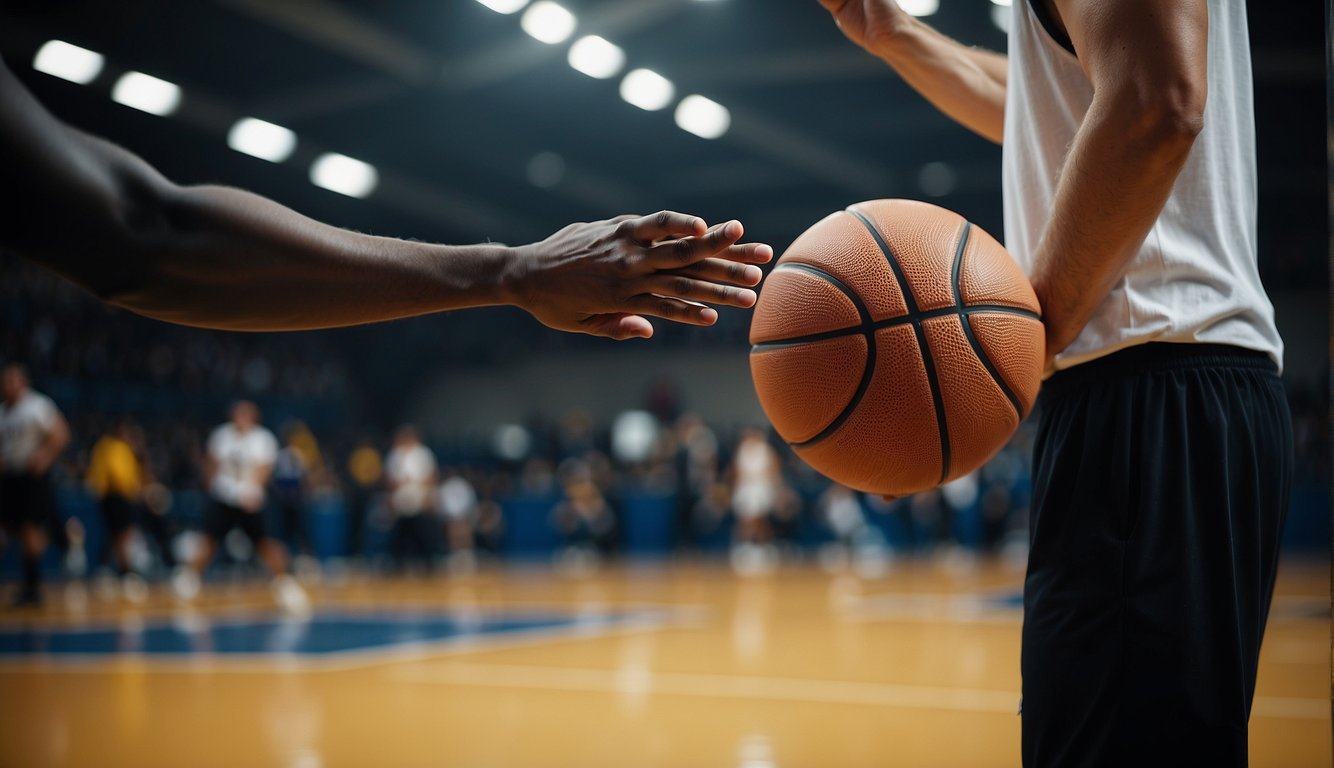 A hand pressing down on a basketball, causing air to escape through the needle valve