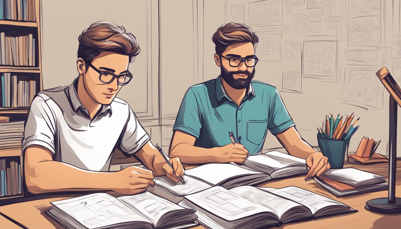 A tutor sits at a desk with a student, explaining a concept on a whiteboard. Books and study materials are scattered around the room