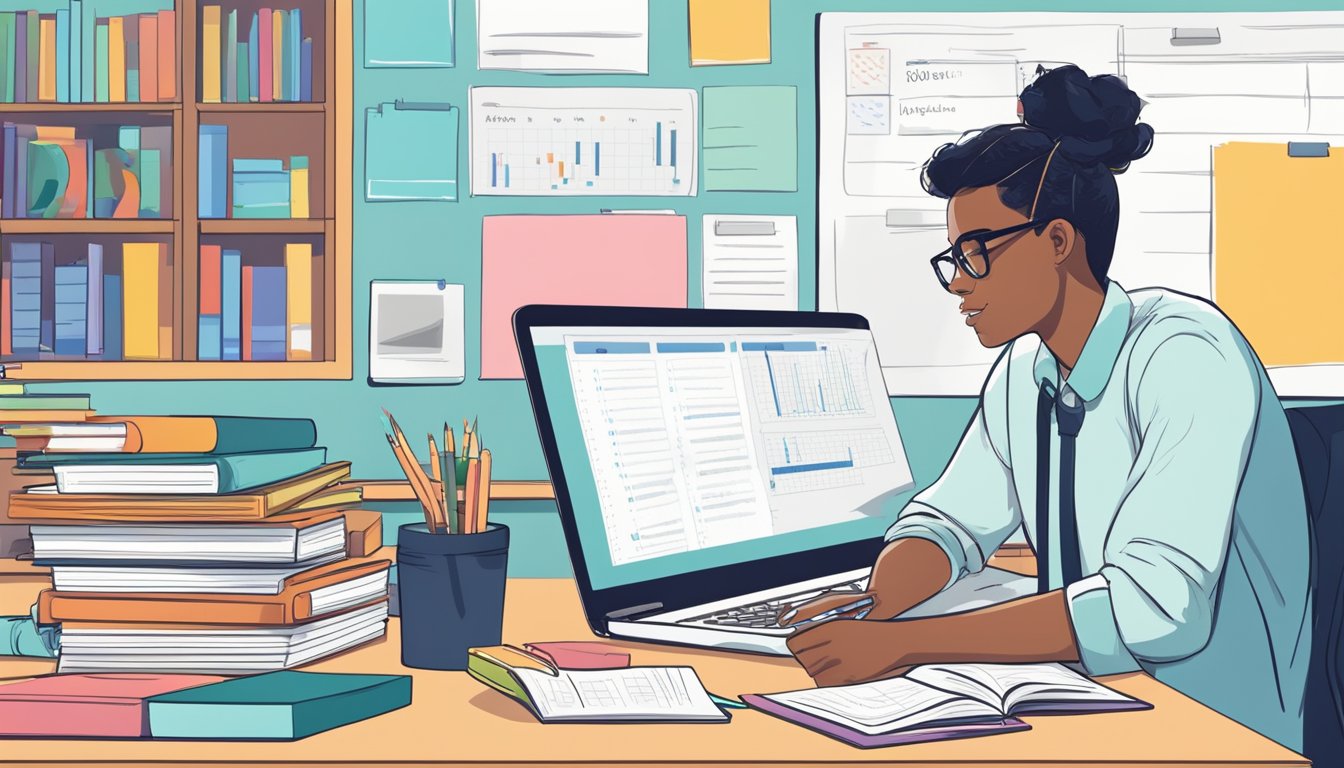 A student sits at a desk with books and a laptop, surrounded by a bright and organized study space. A whiteboard displays a schedule and notes