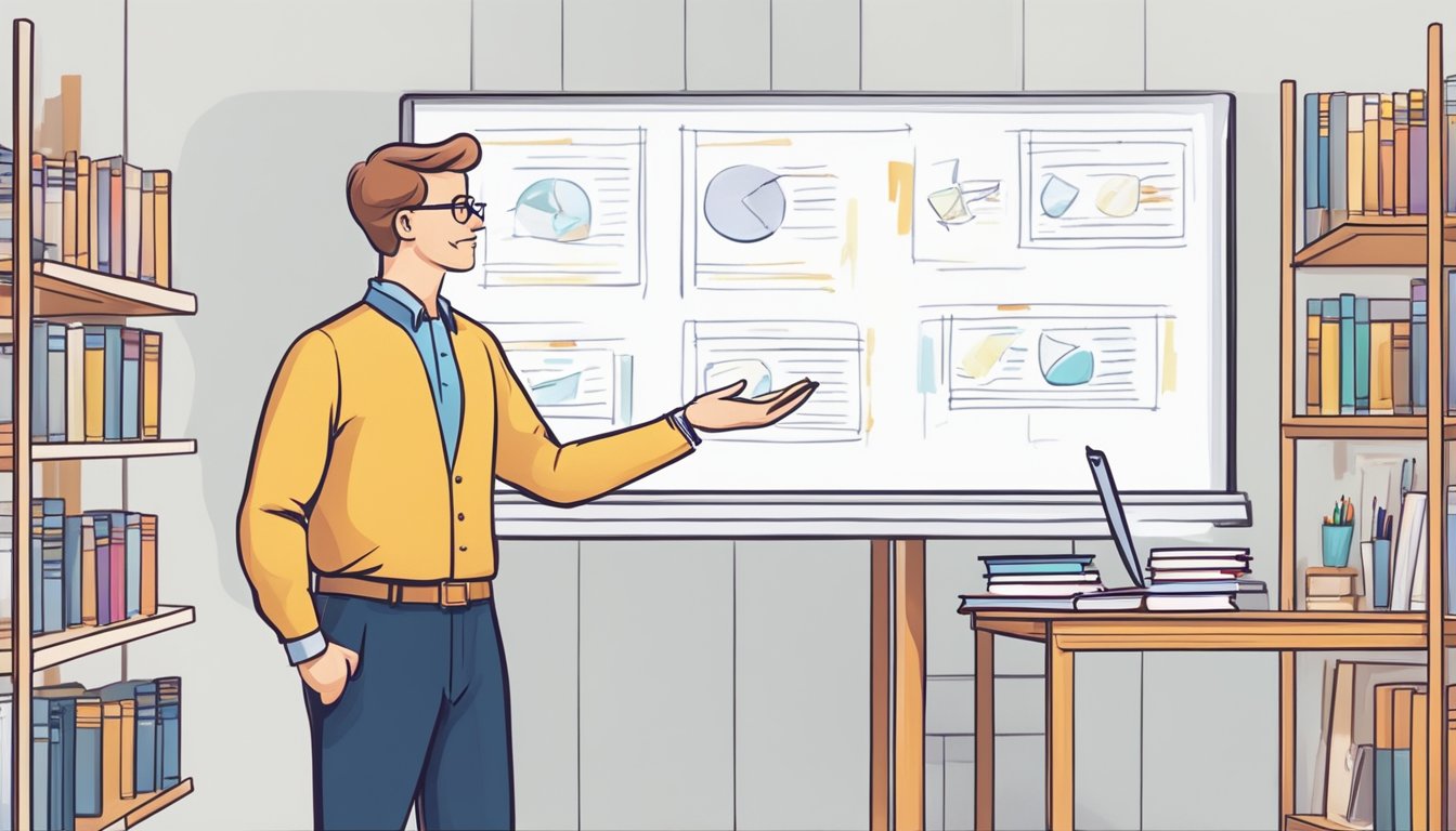 A tutor stands confidently in front of a whiteboard, gesturing towards key points. The room is bright and organized, with books and educational materials neatly arranged