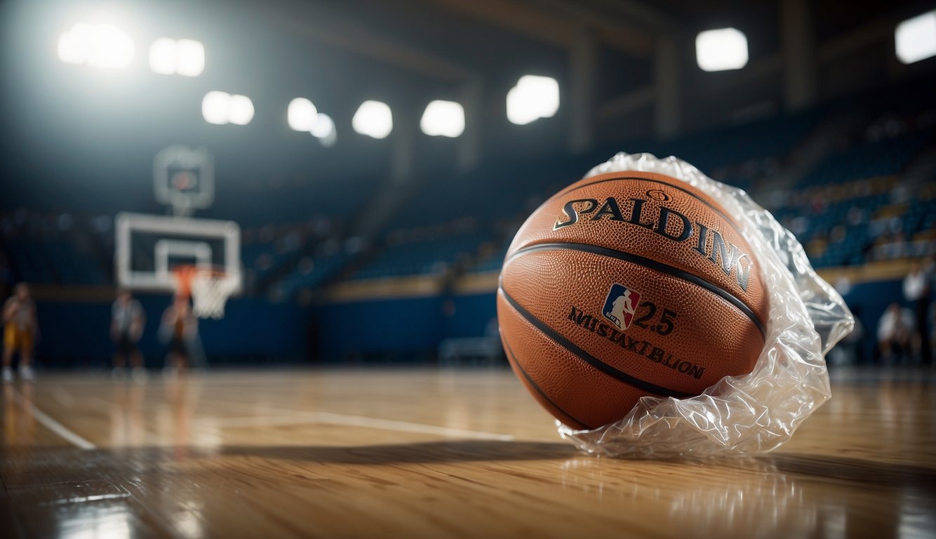 The basketball is being deflated, air escaping through the valve, causing the ball to slowly shrink in size