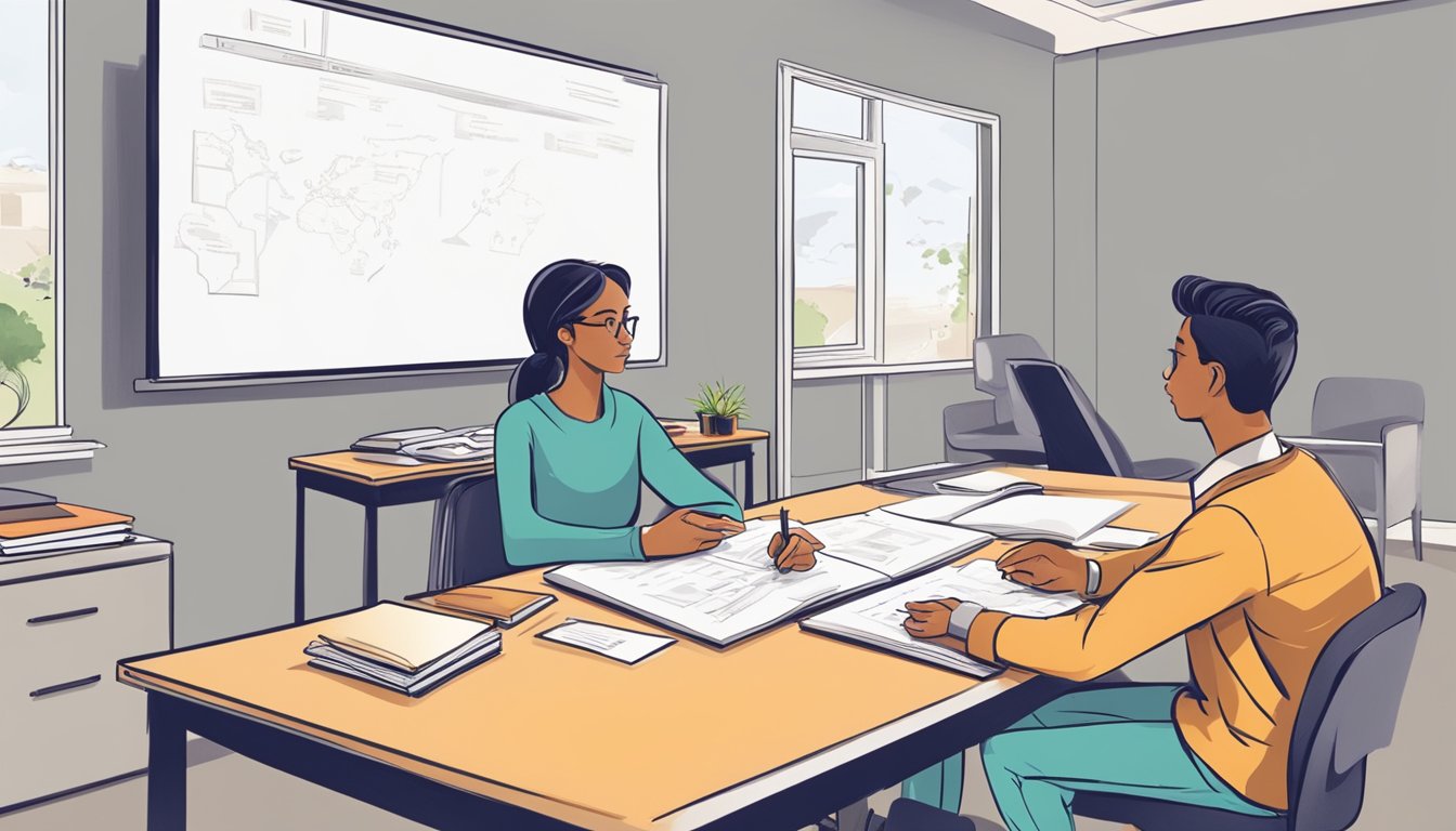 A tutor sitting at a desk, explaining concepts to a student using a whiteboard and educational materials