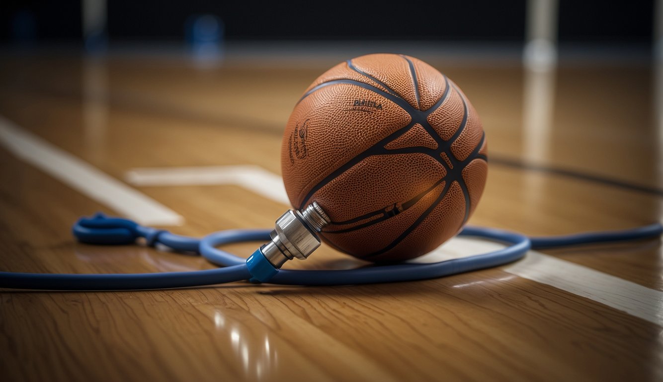 A deflated basketball sits on a flat surface. A hand presses a pump needle into the valve, releasing air. The ball slowly reinflates