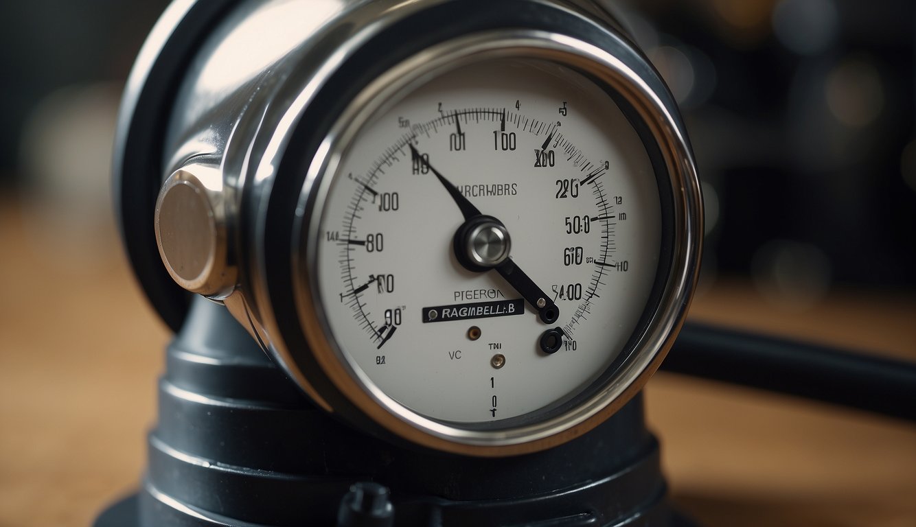 A hand pumps air out of a basketball using a needle. The pressure gauge on the pump shows the decreasing air pressure