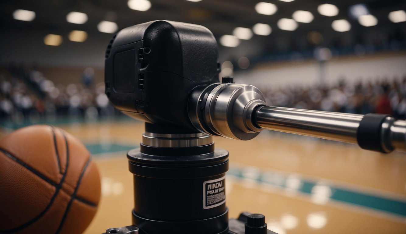 A basketball pump is inserted into the air valve of the basketball. The handle is then pumped repeatedly until all the air is removed from the ball