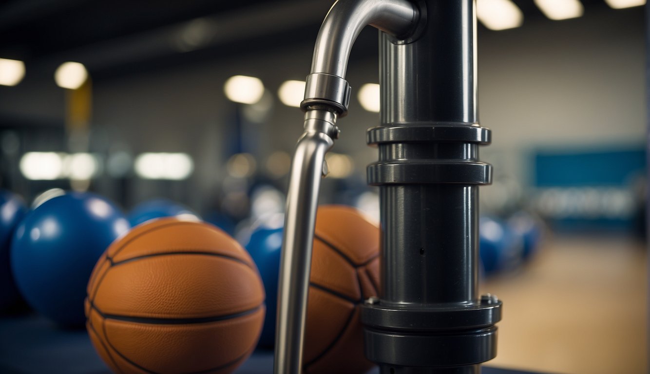 A hand pump is attached to the basketball's air valve. The handle is pumped repeatedly until the desired air pressure is achieved