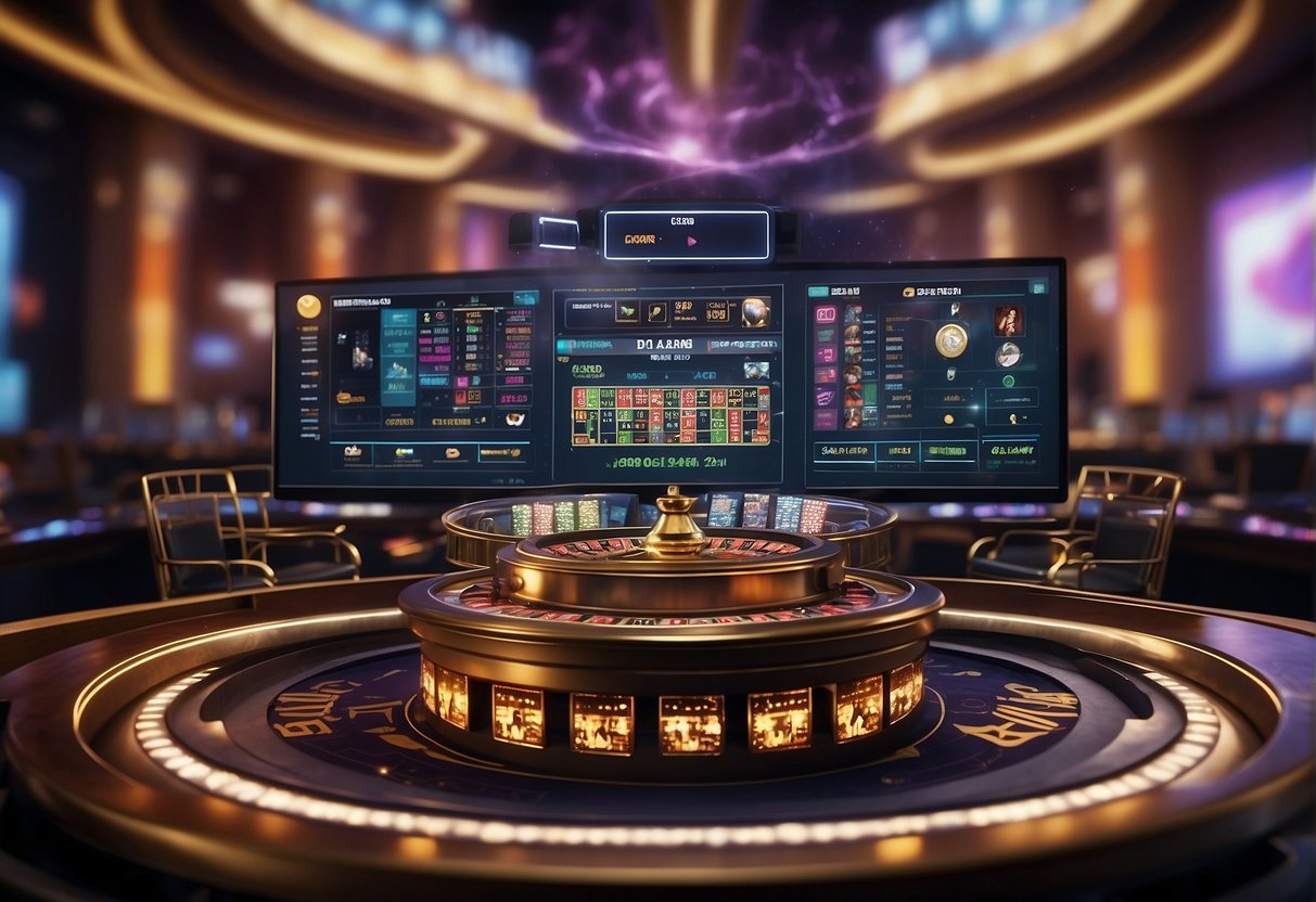 A digital casino with cryptocurrency symbols and a blockchain backdrop