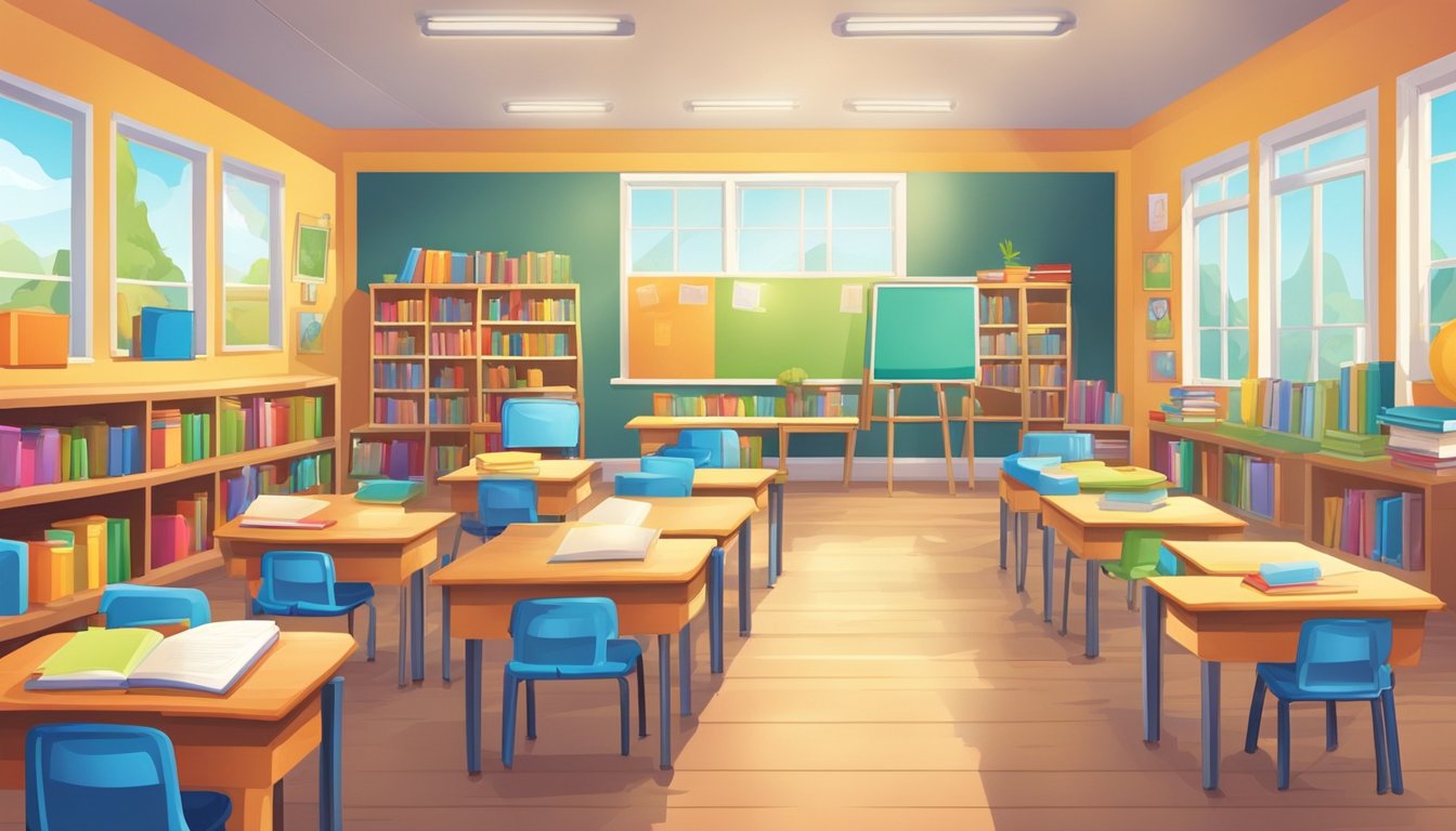 A colorful classroom with books, desks, and a whiteboard. The walls are decorated with educational posters and the room is filled with natural light