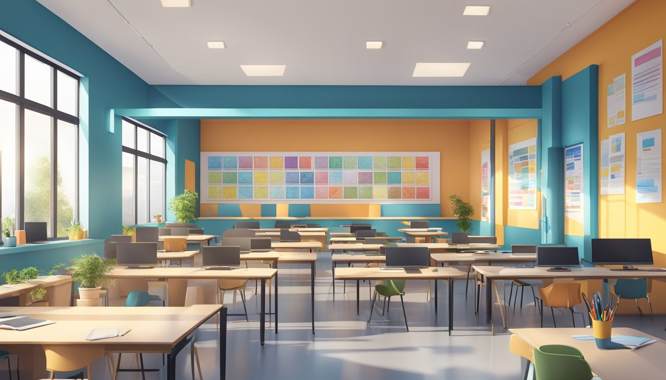 The Ezybox Tuition Centre is a modern, spacious building with large windows, bright interior lighting, and colorful educational posters adorning the walls