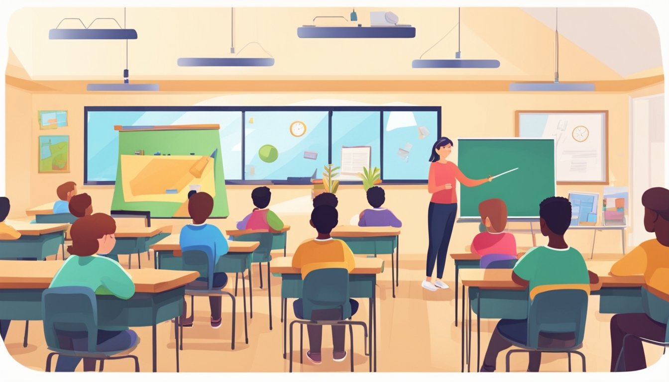 A bright, modern classroom with colorful educational materials and a friendly tutor at the front, engaging with attentive students