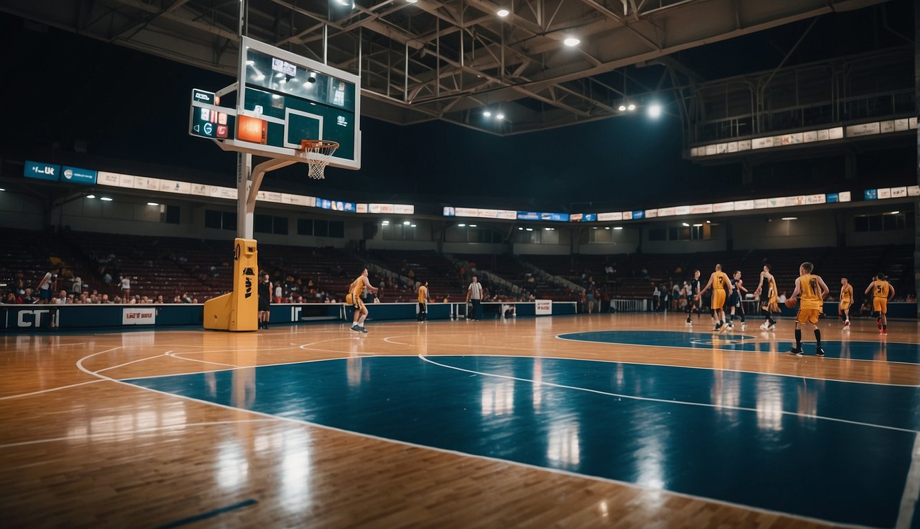 A basketball court with a hoop, basketball, and scoreboard. Players wearing jerseys, shorts, and sneakers