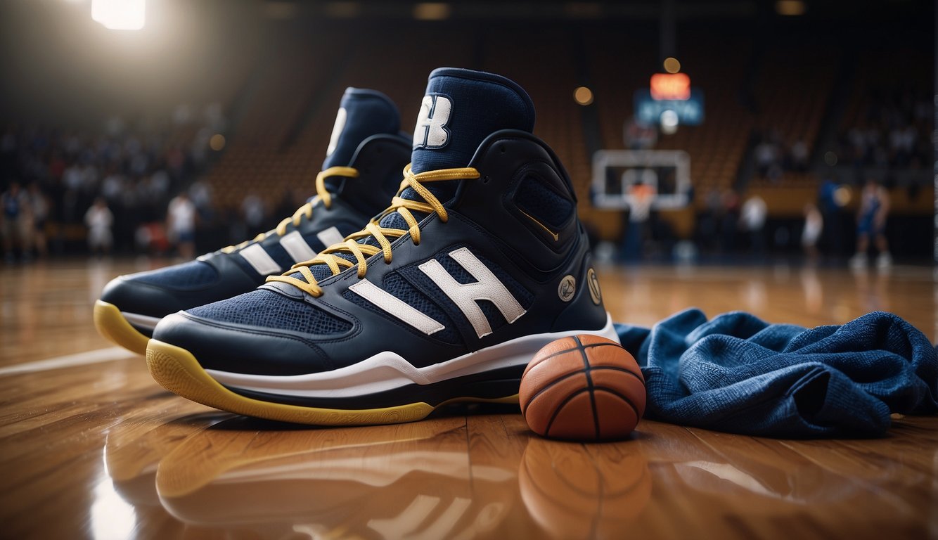 Basketball shoes, jersey, shorts, and socks laid out next to a basketball on a hardwood court