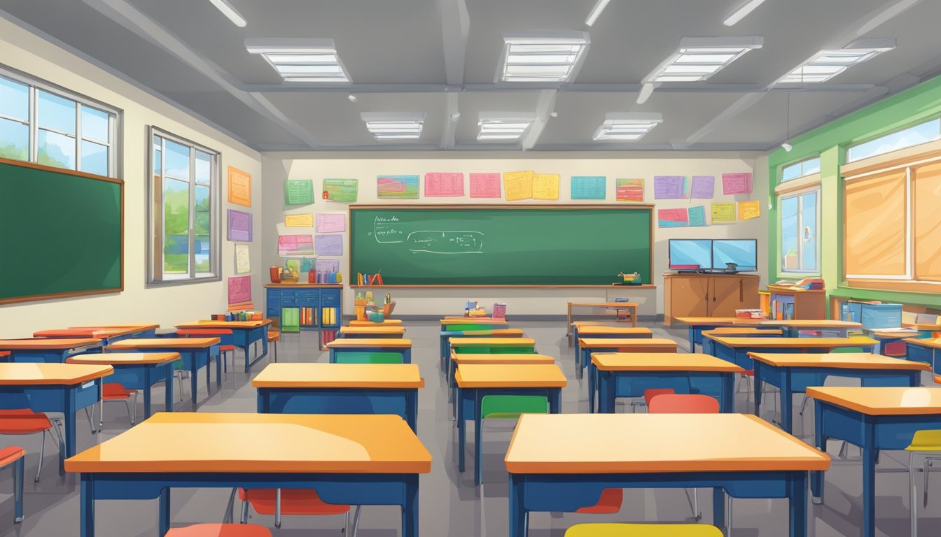 A brightly lit classroom with colorful posters and a whiteboard. Rows of desks face the front where a large chalkboard displays "ideas ink tuition centre."