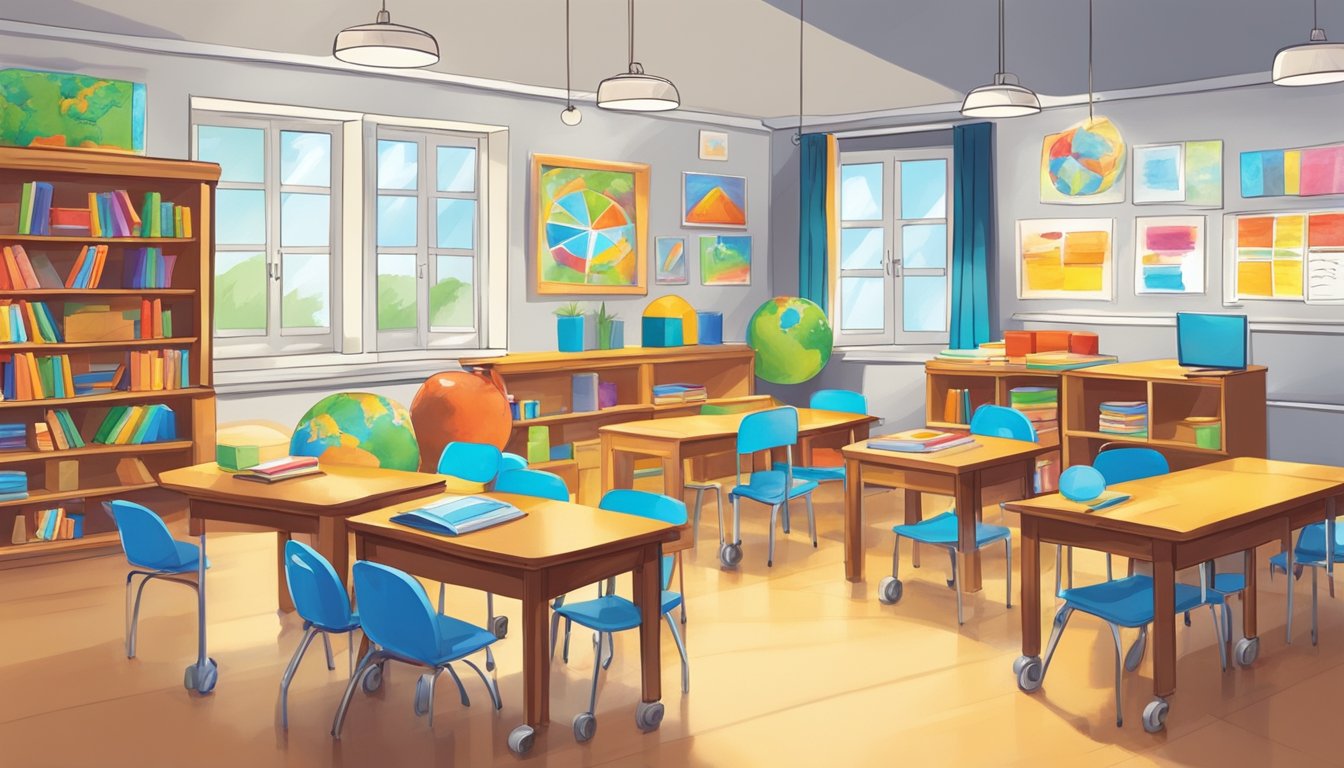 Bright, colorful classroom with diverse learning materials and interactive teaching tools at Our Educational Approach ideas ink tuition centre