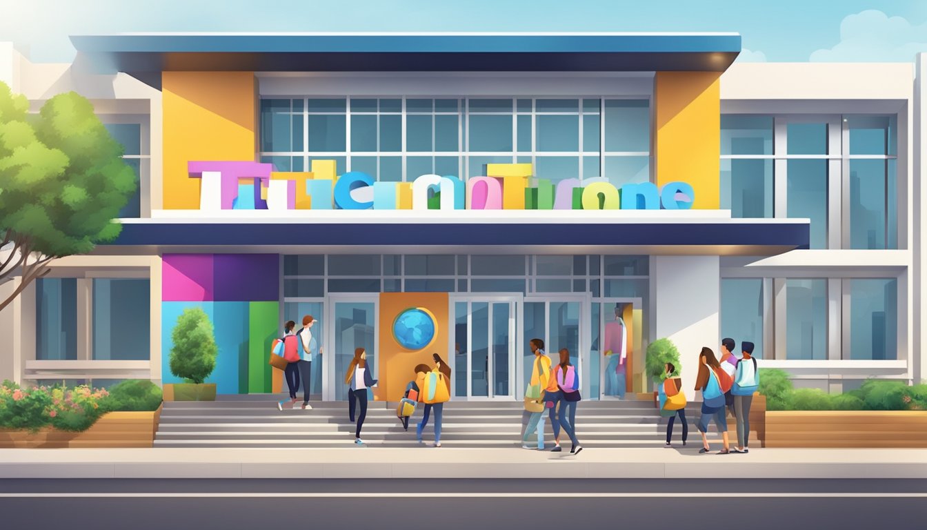 A bright, modern tuition center with colorful logo and welcoming entrance. Students engaged in learning activities inside