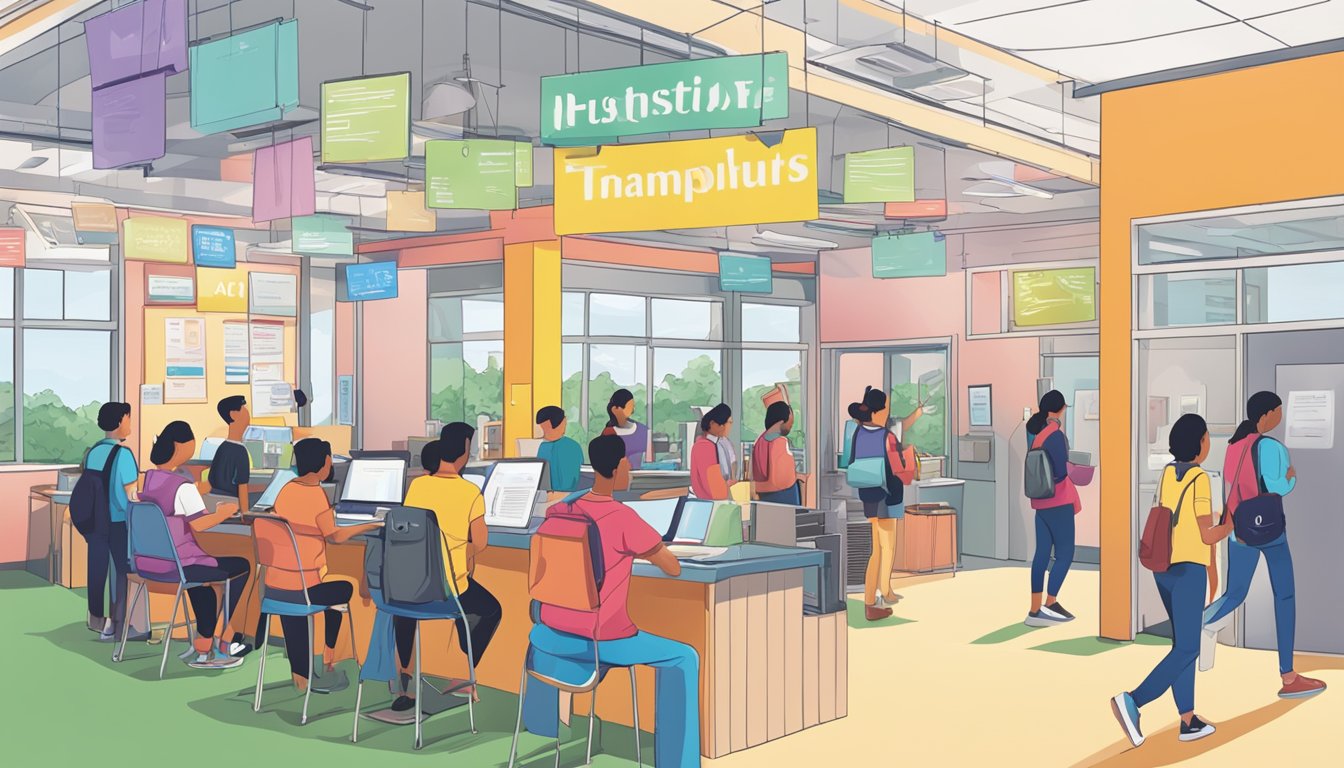 A colorful sign hangs above a bustling tuition centre. Students enter and exit, while a stack of FAQ pamphlets sits on the front desk