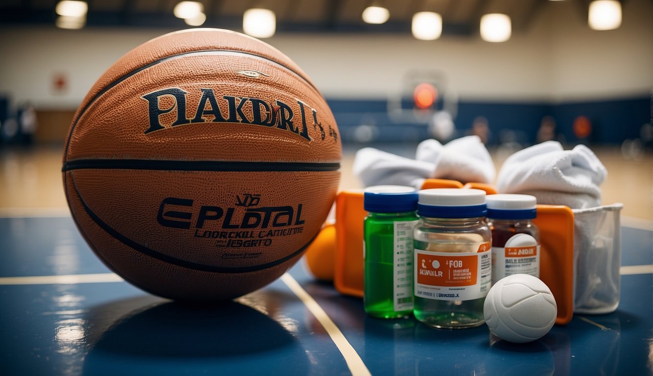 Basketball court with hoop, basketballs, water bottles, towels, and first aid kit on the sidelines. Players' bags and benches nearby