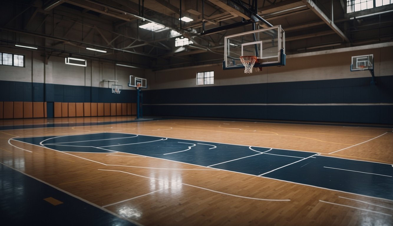 A basketball court with a hoop, backboard, and basketball. A rack of basketballs and a storage area for jerseys and other gear